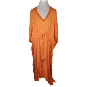 VTG Gypsy Blu Orange Metallic Stripe Pull Tie Waist Gauzy Kaftan O/S
